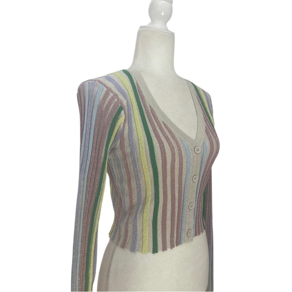 Lulus NWT Eye-Catching Trend Taupe Multi Striped Ribbed Cardigan Top - Picture 6 of 14